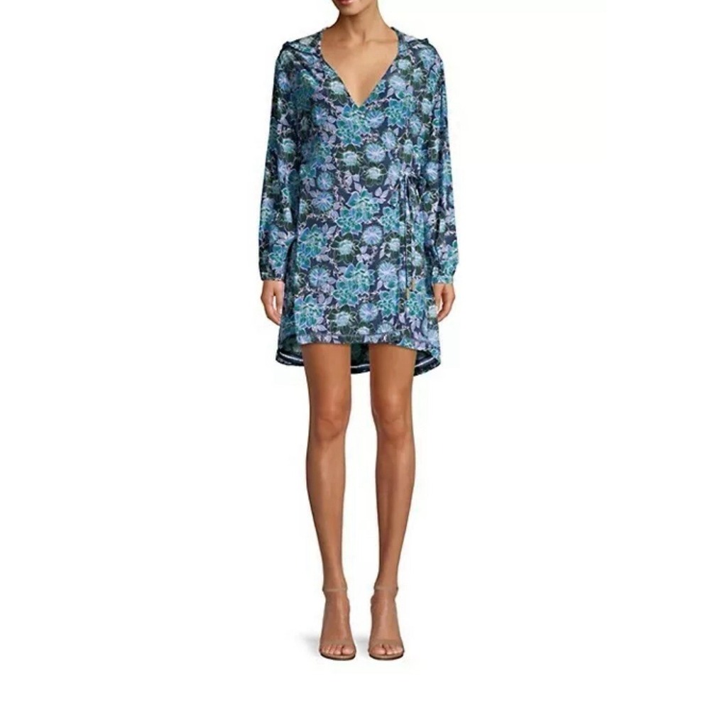 Paloma Farah Wrap Dress Size S Floral Print Hooded Blue Coverup Long Sleeve